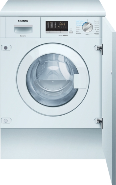 Siemens - Einbau-Waschtrockner iQ500 | 7/4 kg | WK14D543 Einbauwaschmaschine von Siemens mit geöffneter Tür, Digitaldisplay und Drehknopf