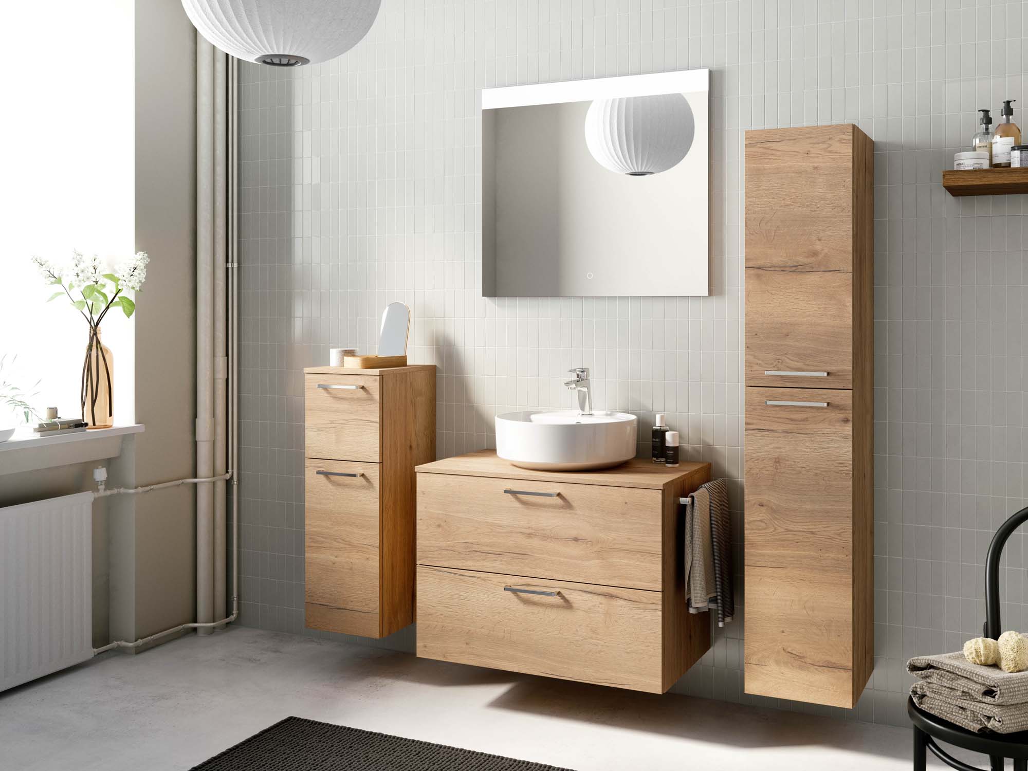 Badezimmermöbel-Set 3 Schränke braun mit Waschtisch und Spiegel nobilia 