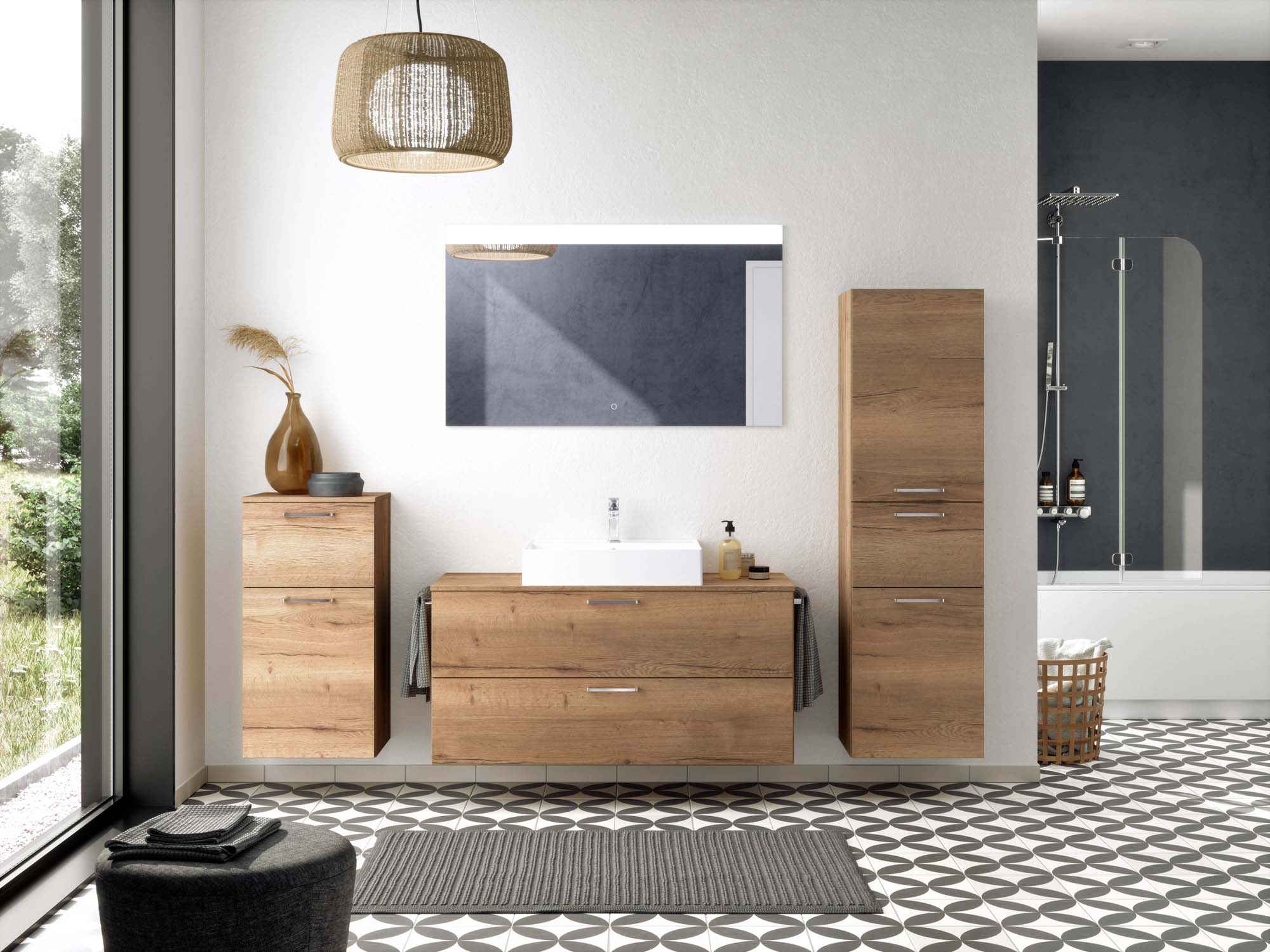 Badezimmermöbel-Set 3 Schränke braun mit Waschtisch und Spiegel nobilia 