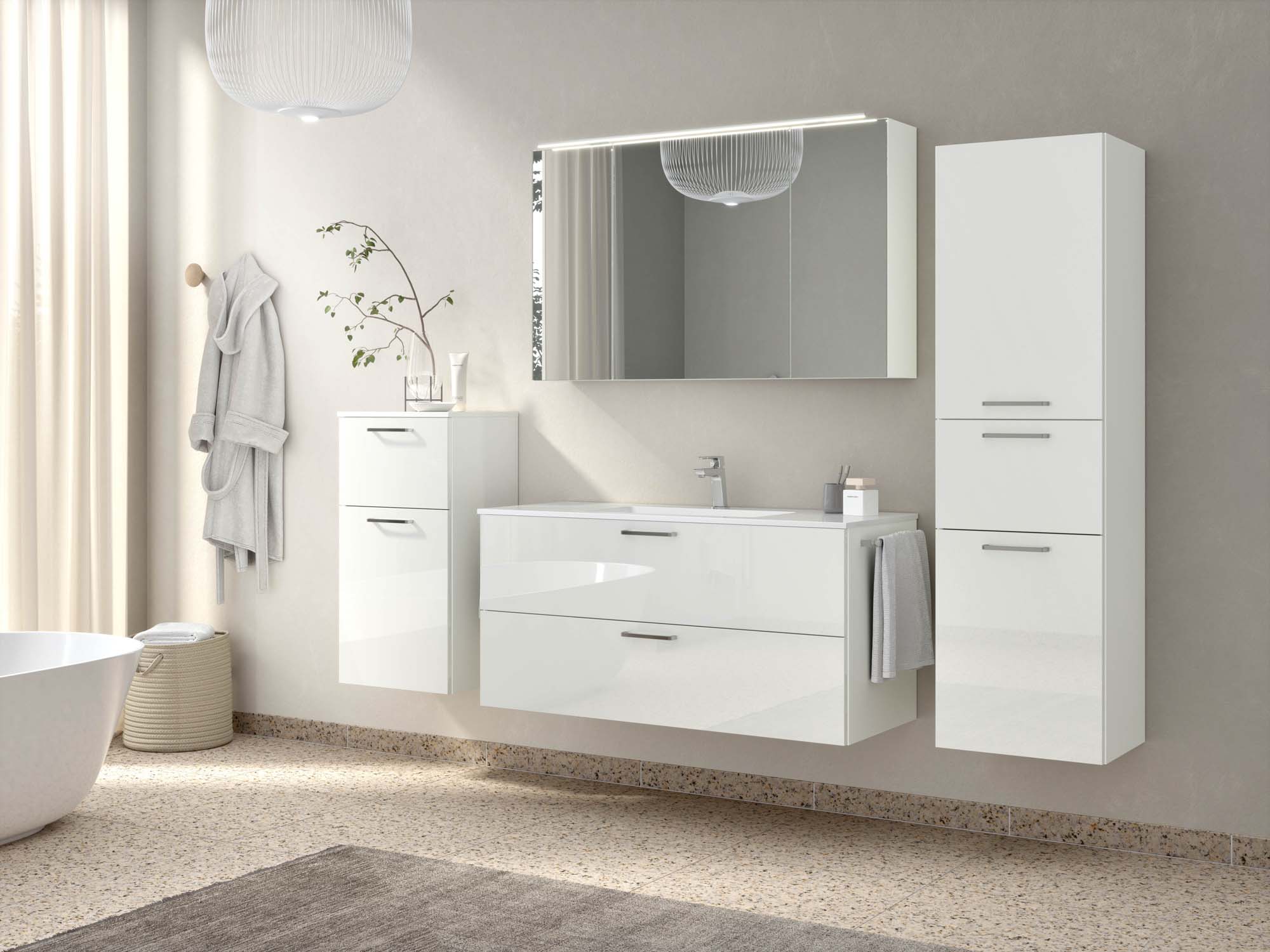 Badezimmermöbel-Set 3 Schränke weiß mit Waschtisch und Spiegelschrank nobilia 