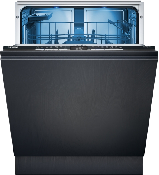 Siemens studioLine - Vollintegrierter Geschirrspüler iQ300 (60 cm) INKL. 5 JAHRE GARANTIE | XXL | SX63E807BE Ein geöffneter Einbaugeschirrspüler von Siemens, der das Innere mit Geschirrkörben zeigt