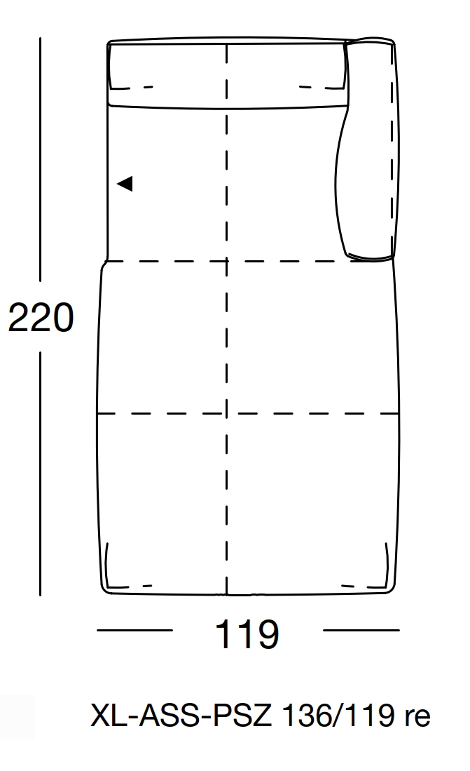 Maßzeichnung eines Sofaelements vor weißem Hintergrund freistil Rolf Benz 136