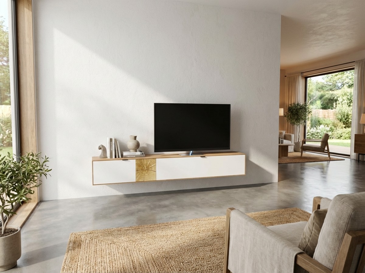 modernes weiß braunes Lowboard stilvoll dekoriert in einem hellen Zimmer