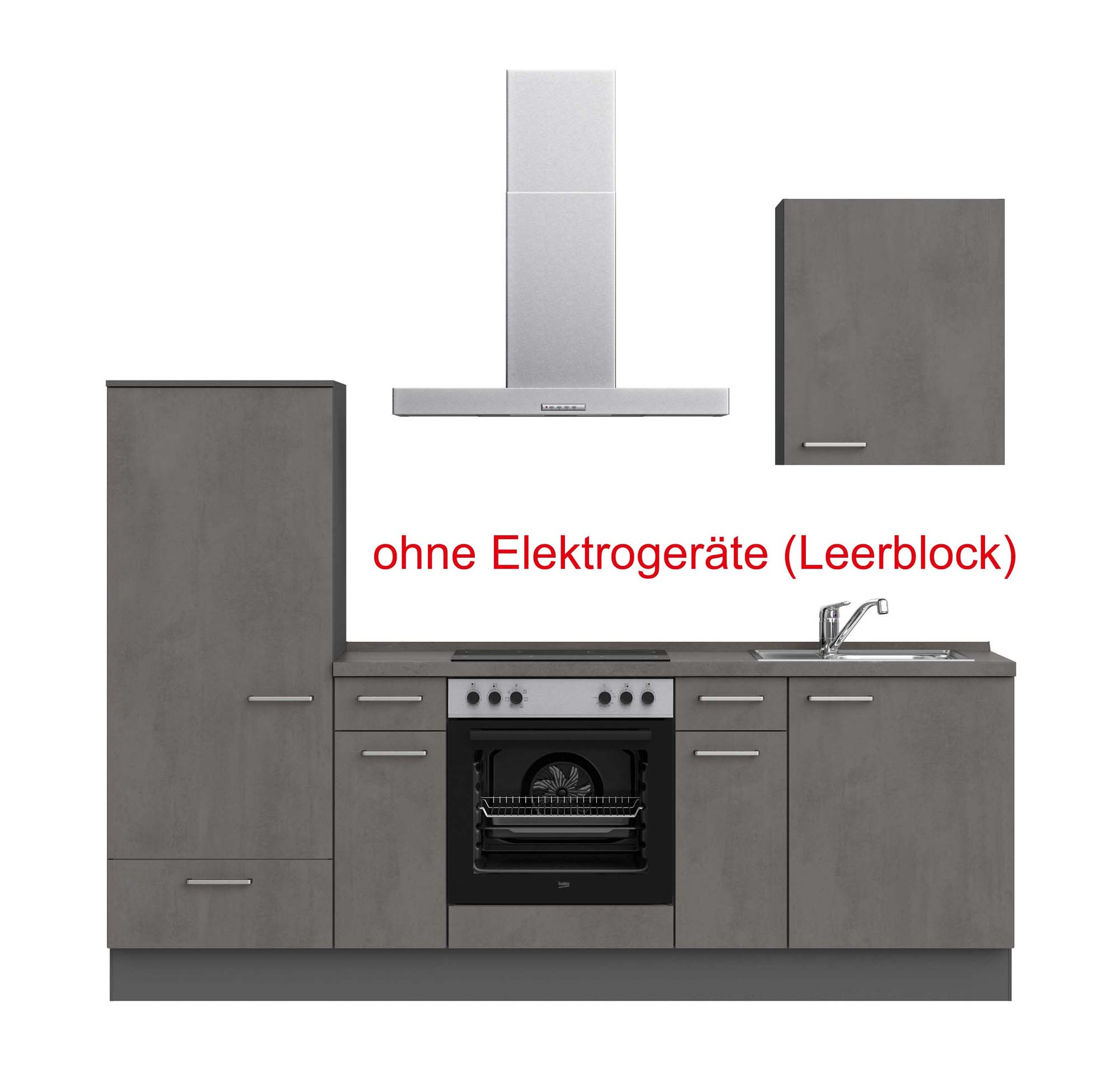küchenzeile grau mit Backofen, Herd, Dunstabzugshaube, Waschbecken, Armatur mit Hinweistext ohne Elektrogeräte (Leerblock) nobilia riva