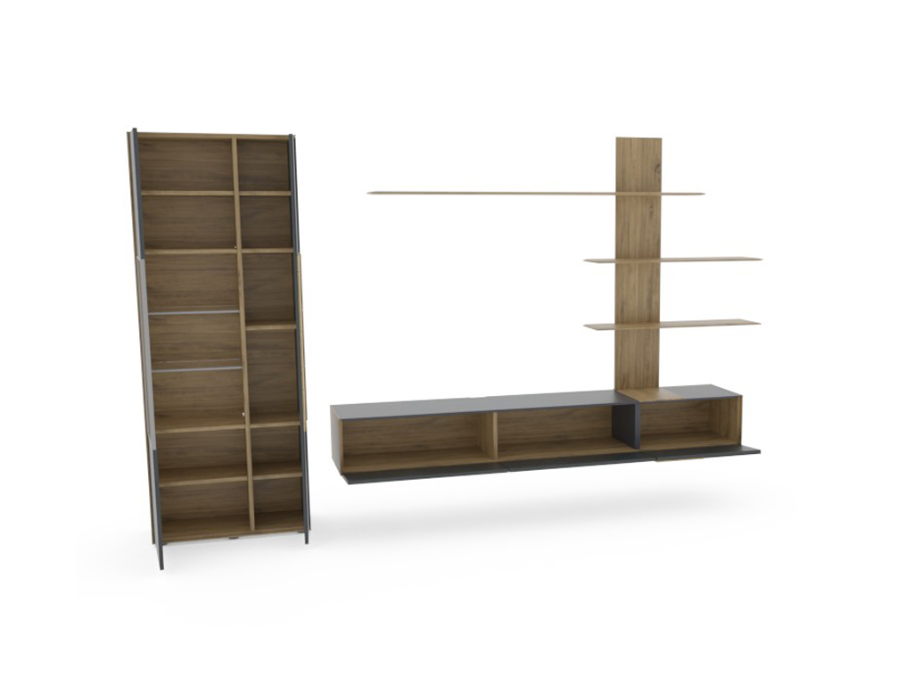 Holzregalsystem mit freistehendem Bücherregal und wandmontiertem Regal