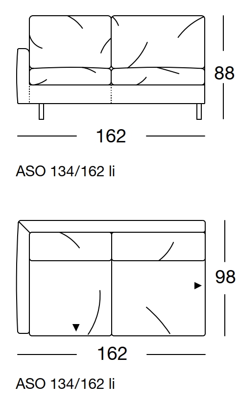 Maßzeichnung eines Sofaelement vor weißem Hintergrund freistil Rolf Benz 134
