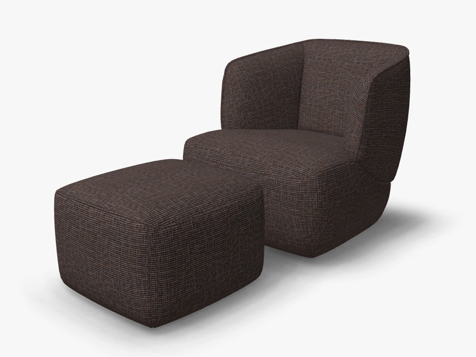 brauner designersessel mit hocker vor weißem hintergrund