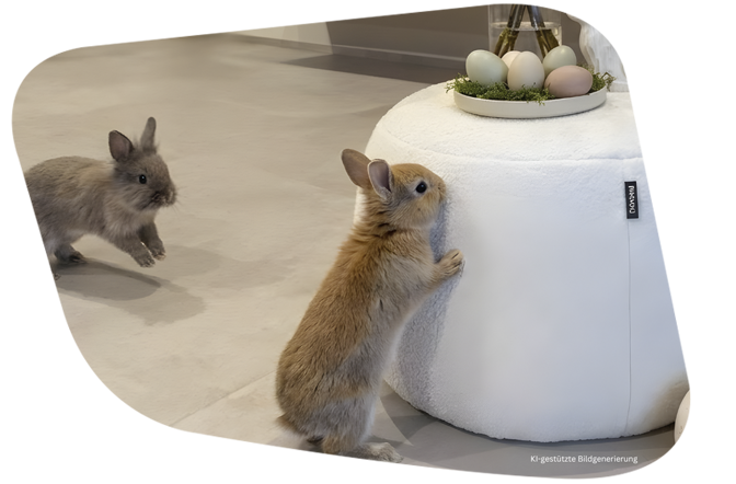 KI gestützter Bildinhalt von einem weißen freistil Hocker mit zwei Hasen