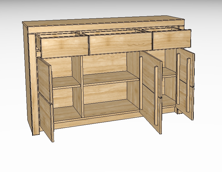 3D-Illustration einer Holzkommode mit offenen Schubladen und Türen, zeigt den Innenraum mit Regalböden