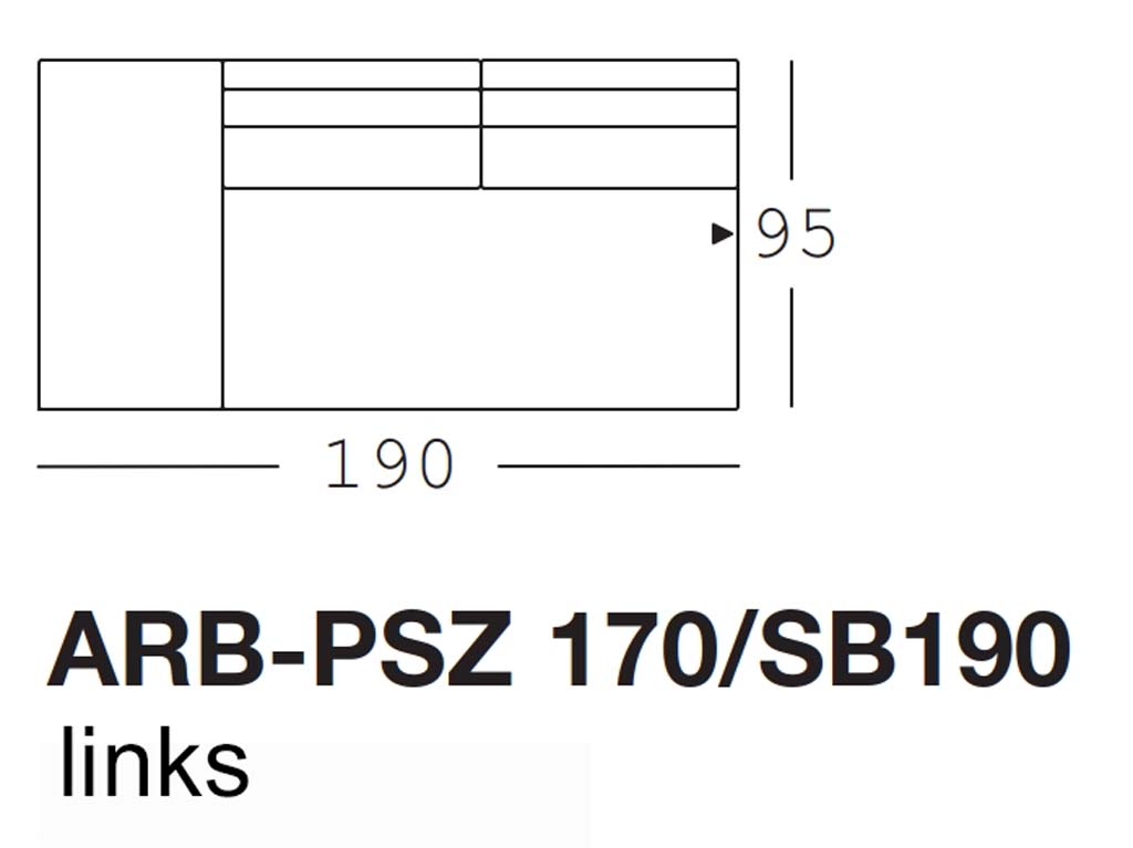 freistil Rolf Benz 170 - Anreihbank mit Polstersitz links | Sitzbreite: 190 cm | ARB-PSZ 170/SB190li Maßzeichnung eines Sofaelements vor weißem Hintergrund freistil Rolf Benz 170