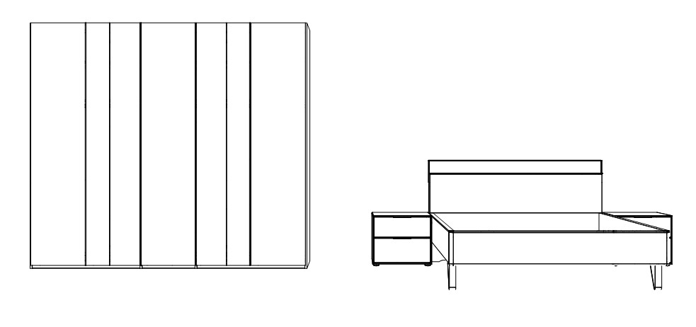 Illustration von einem Schrank und einem Bett mit zwei Konsolen vor weißem Hintergrund