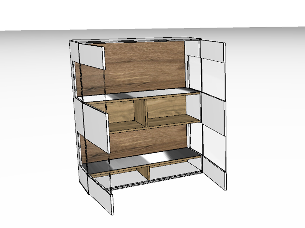 Eine 3D-Skizze oder ein Rendering des Hartmann Torido Highboards 7112, das die Innenansicht des Schranks mit seinen Holzfächern und geöffneten Glastüren in einer perspektivischen Ansicht zeigt.
