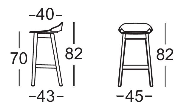 Technische Zeichnung eines Barhockers mit den Maßen: Sitzhöhe 70 cm, Gesamthöhe 82 cm, Breite 43 cm, Sitztiefe 40 cm