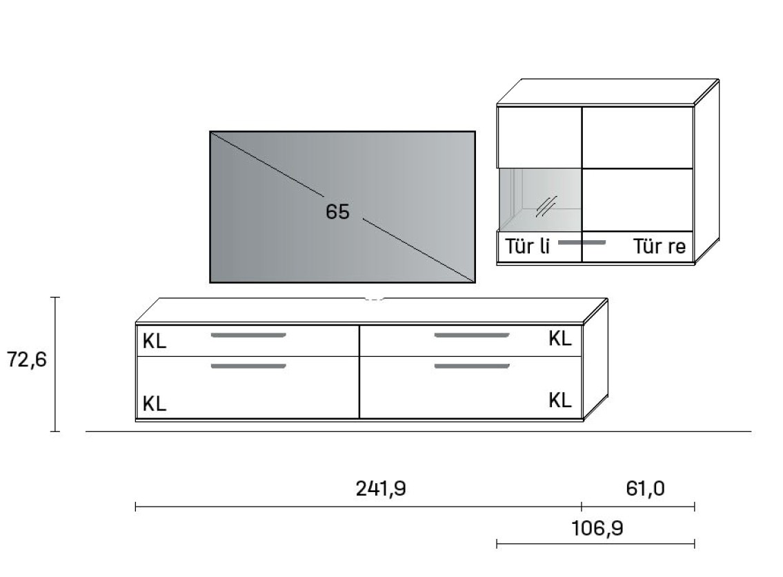 Maßzeichnung einer Wohnwandkombination vor weißem Hintergrund