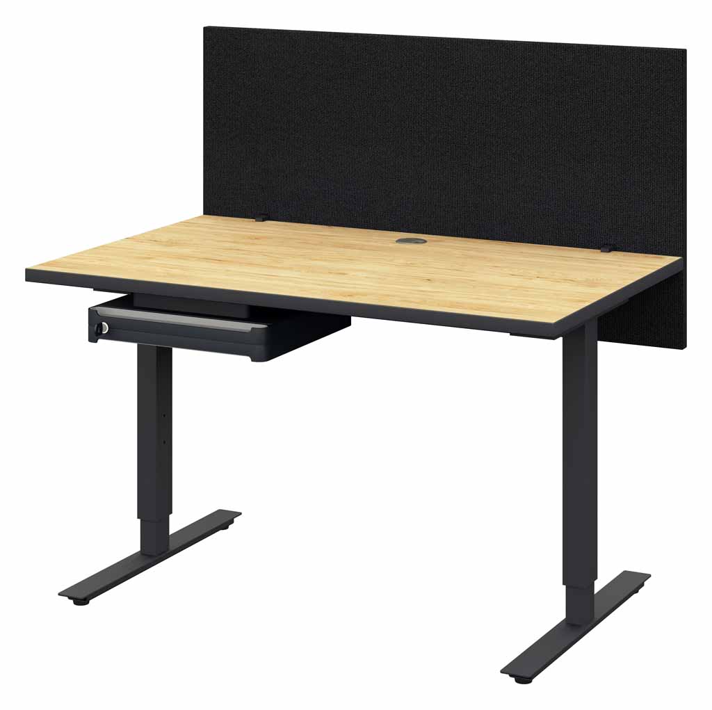 Röhr Bush qunit - höhenverstellbarer Schreibtisch mit Polster-Pinnwand | B: 120 cm Moderner höhenverstellbarer Schreibtisch mit schwarzer Trennwand und Holzplatte