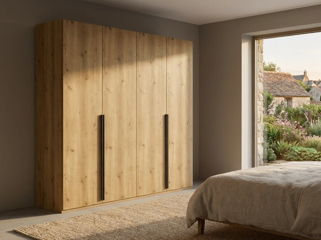 Lifestyle-Aufnahme des Kleiderschranks in Eichenoptik mit schwarzen Griffleisten in einem hellen Schlafzimmer neben einem Fenster.