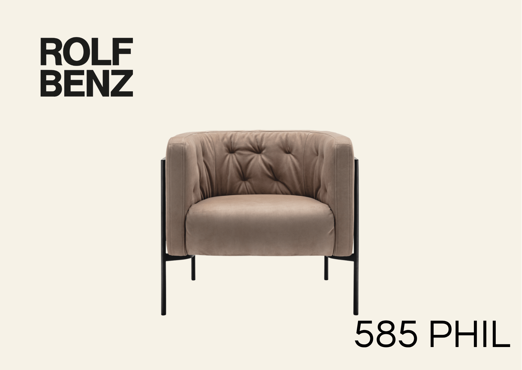 Polstersessel mit eingezogenen Knopfnähten. Bildaufschrift: Rolf Benz 585 Phil.