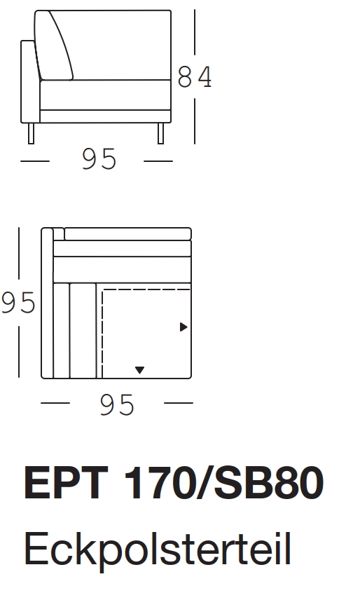 Maßzeichnung eines Sofaelements vor weißem Hintergrund freistil Rolf Benz 170