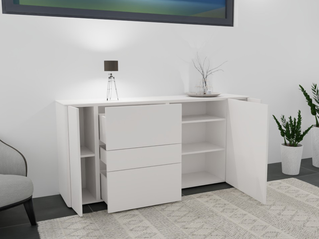 Moderner weißer Sideboard mit Schubladen und Türen, dekoriert mit einer Lampe und Pflanzen