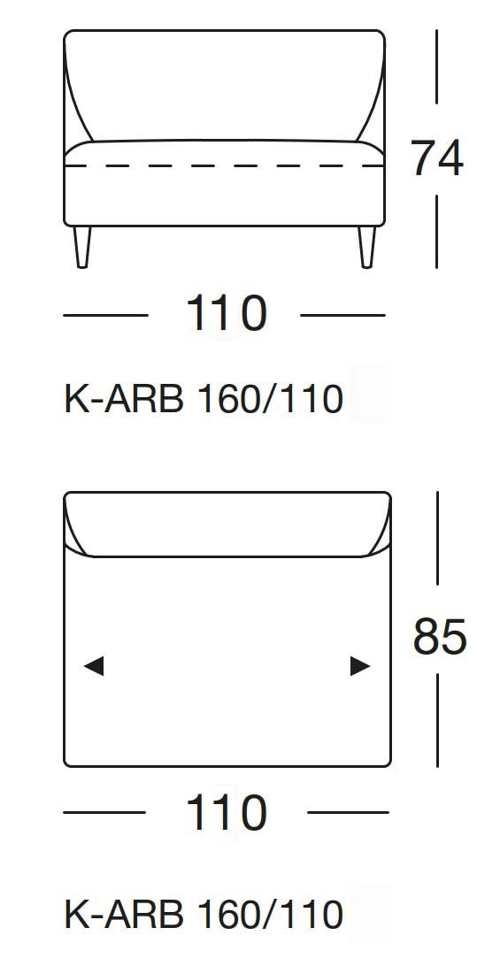 Maßzeichnung eines Sofaelements vor weißem Hintergrund freistil Rolf Benz 160