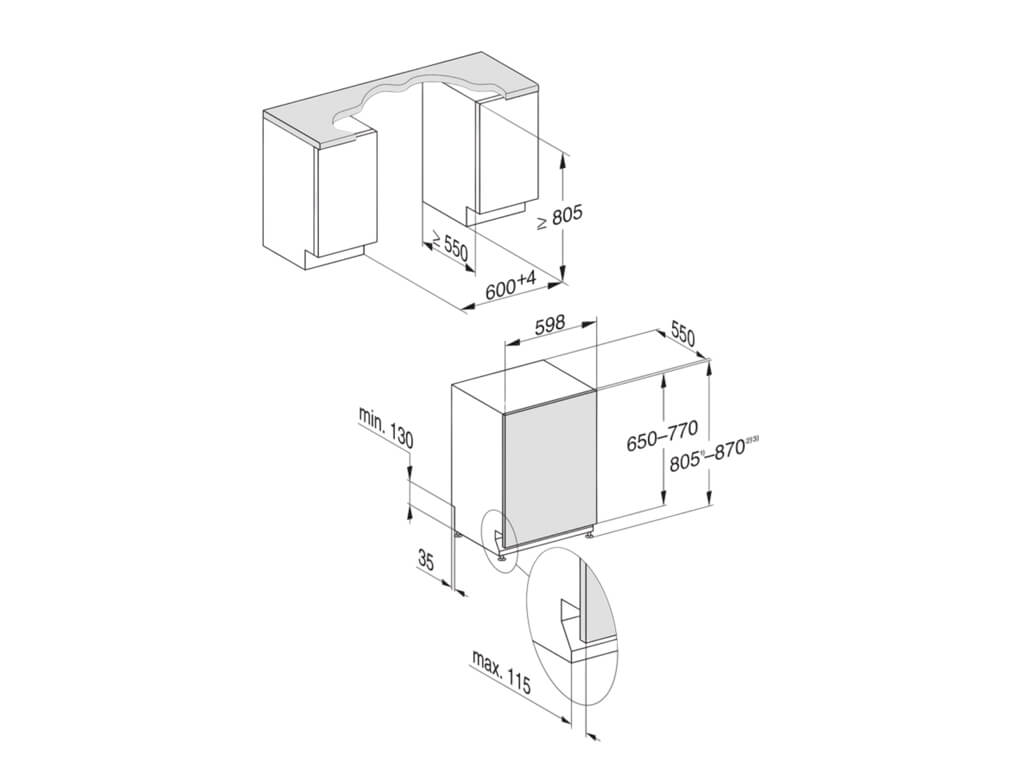 Technische Zeichnung eines vollintegrierten Geschirrspülers mit Maßen für die Einbaunische in Millimetern. Es zeigt die Breite, Höhe und Tiefe der Nische sowie Details zur Sockelblende.