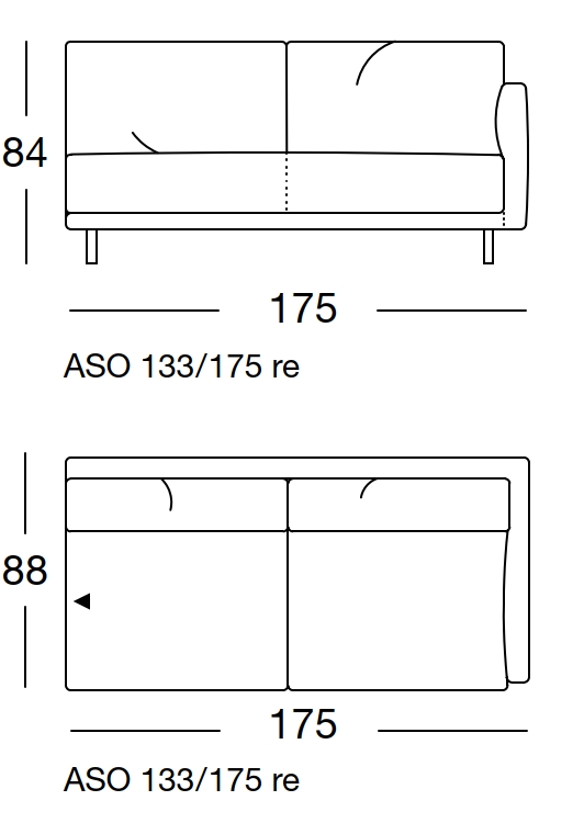 Maßzeichnung eines Sofaelements vor weißem Hintergrund freistil Rolf Benz 133