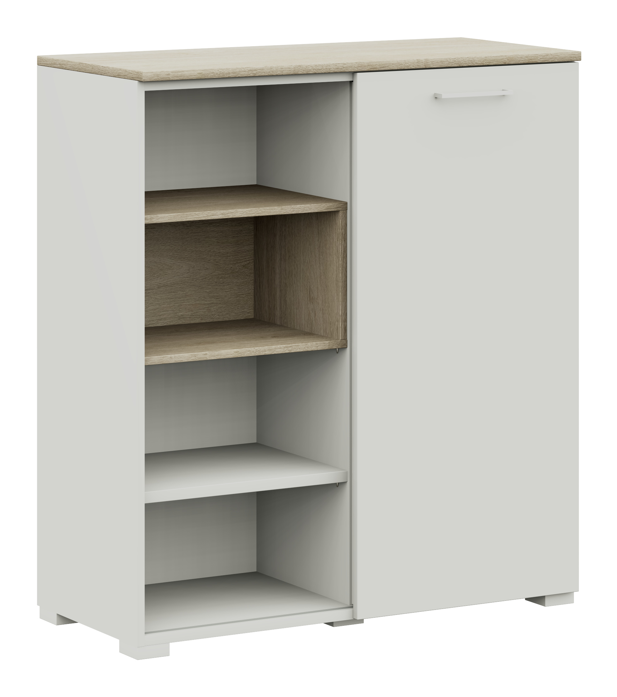 Röhr Bush cocoon - kleiner Schrank mit Schiebetür | weiß | offenes Fach in braun | B: 100 cm Weißer Schrank mit offenen Holzeinsätzen und einer Tür mit Griff, ideal für Wohnzimmer oder Büro