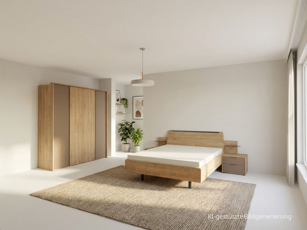 Modernes braunes Schlafzimmer mit einem viertürigen Kleiderschrank, Doppelbett und zwei Konsolen stilvoll dekoriert in einem modernen Zimmer generiert, Bild KI-generiert