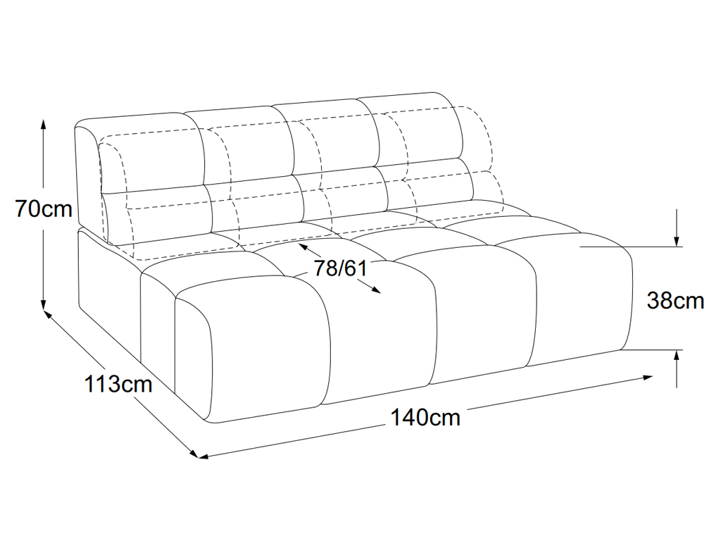 designwerk Temple - Element 140 ohne Armteil | B: 140 cm |  mit Rückenverstellung | D021114 Maßzeichnung eines Sofaelements vor weißem Hintergrund designwerk Temple