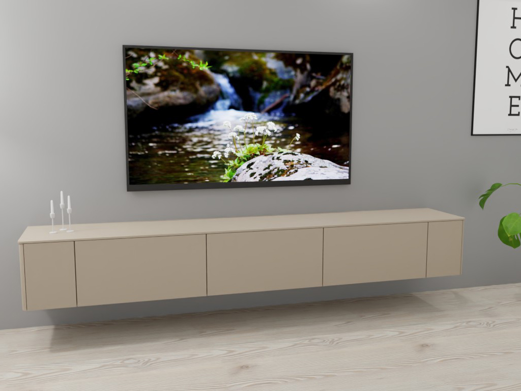 Sudbrock Goya - Lowboard | 2 Türen, 2 Klappen, 1 Schublade | B: 265,2 cm | Lack terra Ein modernes Wohnzimmer mit einem schwebenden Sideboard und einem an der Wand montierten Flachbildfernseher, der eine Naturlandschaft zeigt.