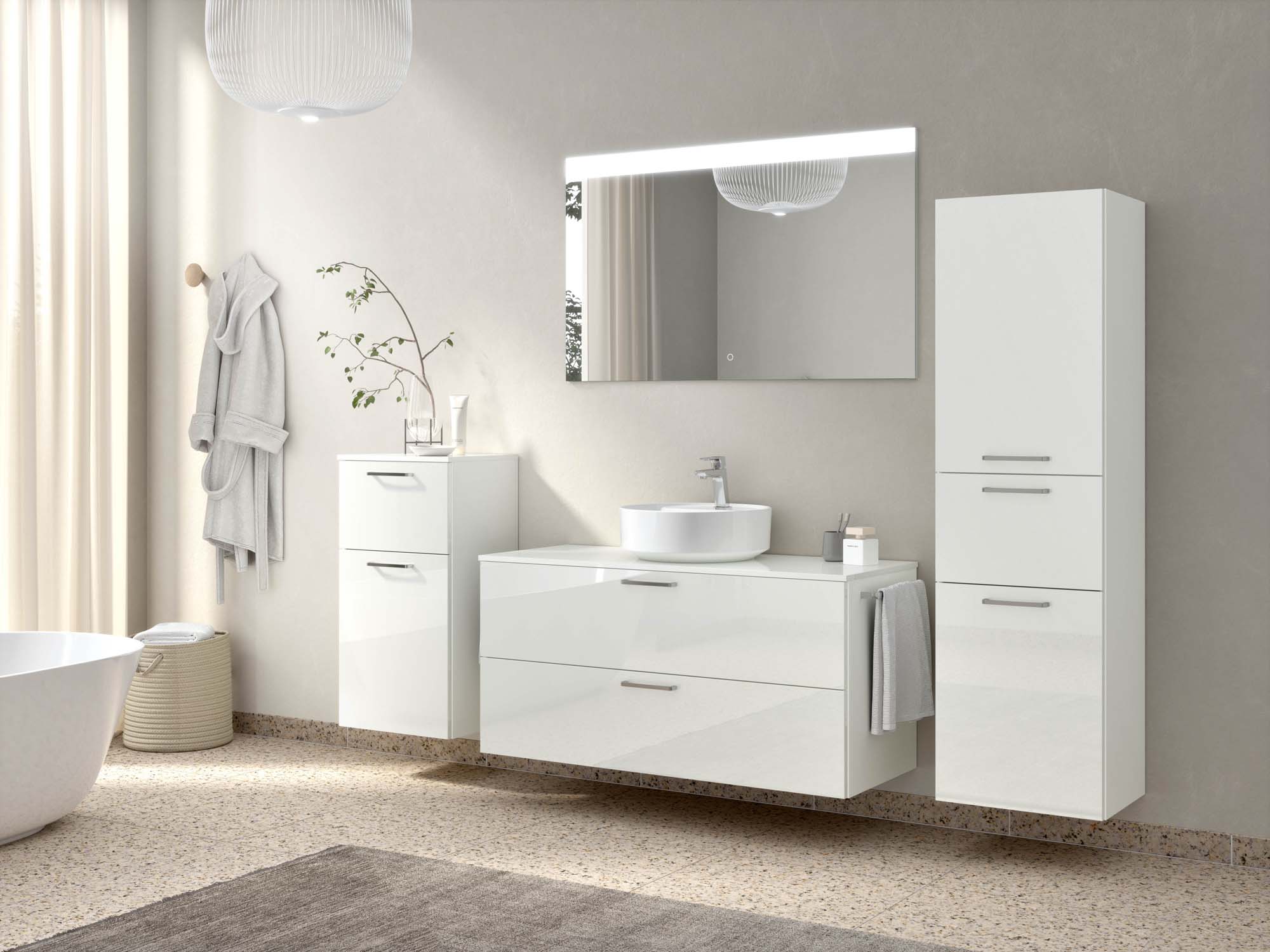 Badezimmermöbel-Set 3 Schränke weiß mit Waschtisch und Spiegel nobilia