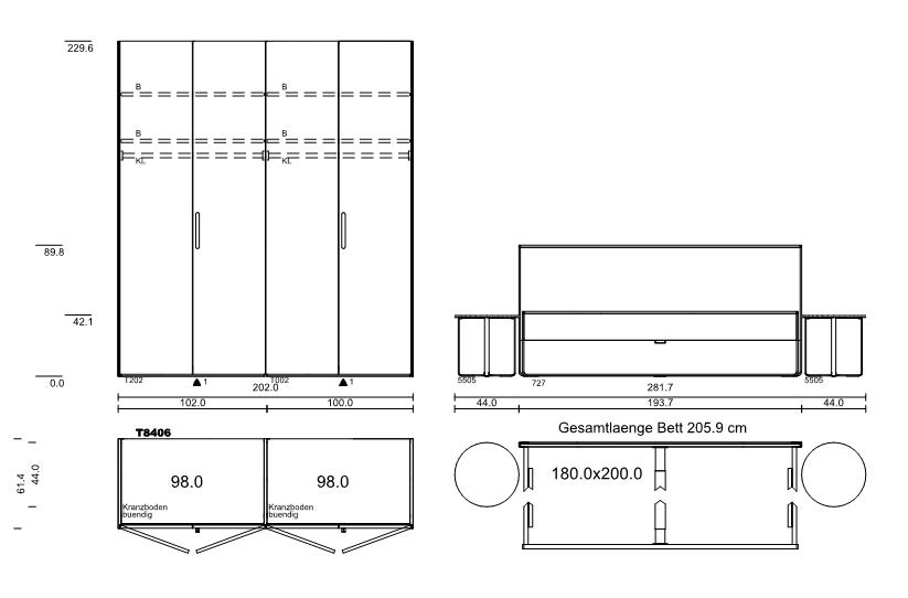 hülsta. Neo | Schlafzimmer-Set  | 4-türiger Drehtürenschrank | Lack Seidengrau 