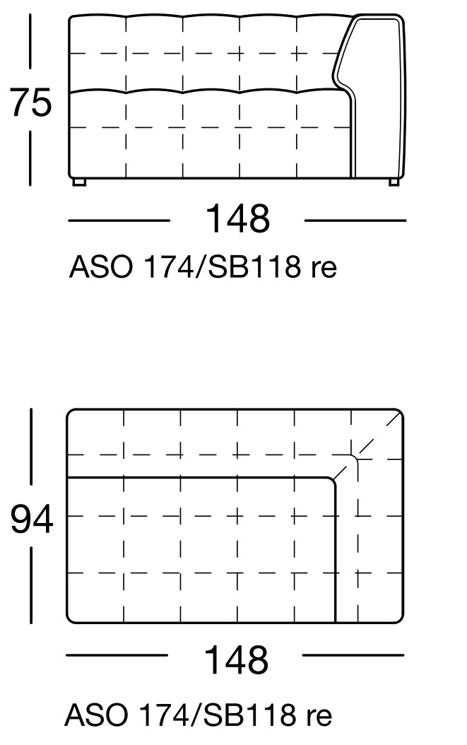 Maßzeichnung eines Sofaelements vor weißem Hintergrund