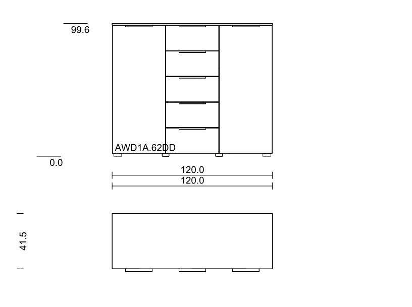 Maßzeichnung einer Kommode mit fünf Schubladen und zwei Türen vor weißem Hintergrund