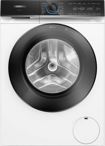 Frontansicht der geschlossenen Siemens iQ700 Waschmaschine mit schwarzem Bullauge und Bedienfeld.