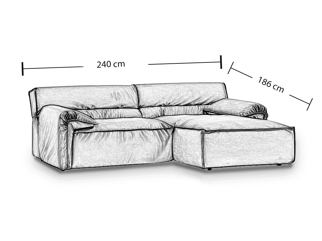 Eine technische Skizze eines Ecksofas mit den Maßen: Gesamtbreite 240 cm und die Länge der Chaiselongue 186 cm.