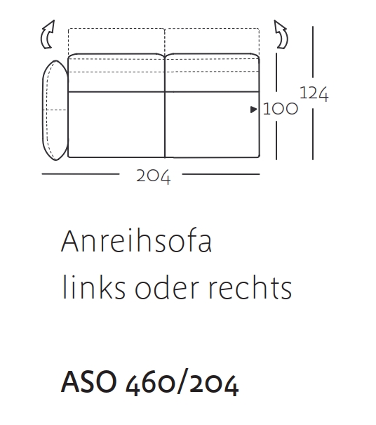 Technische Zeichnung eines Anreihsofas mit Maßen in Zentimetern: Breite 204 cm, Tiefe 100 cm, Höhe 124 cm. Geeignet für Links- oder Rechtsausrichtung.
