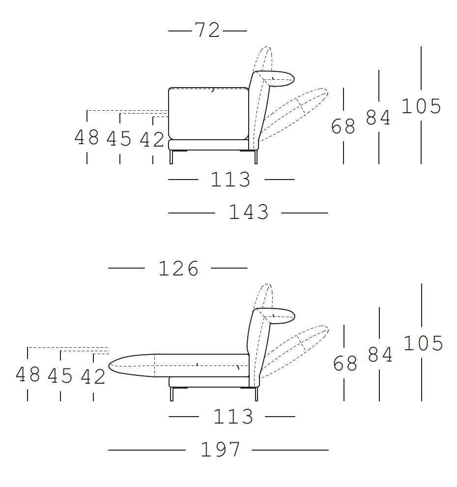  Maßzeichnung eines Sofaelements vor weißem Hintergrund freistil Rolf Benz 140