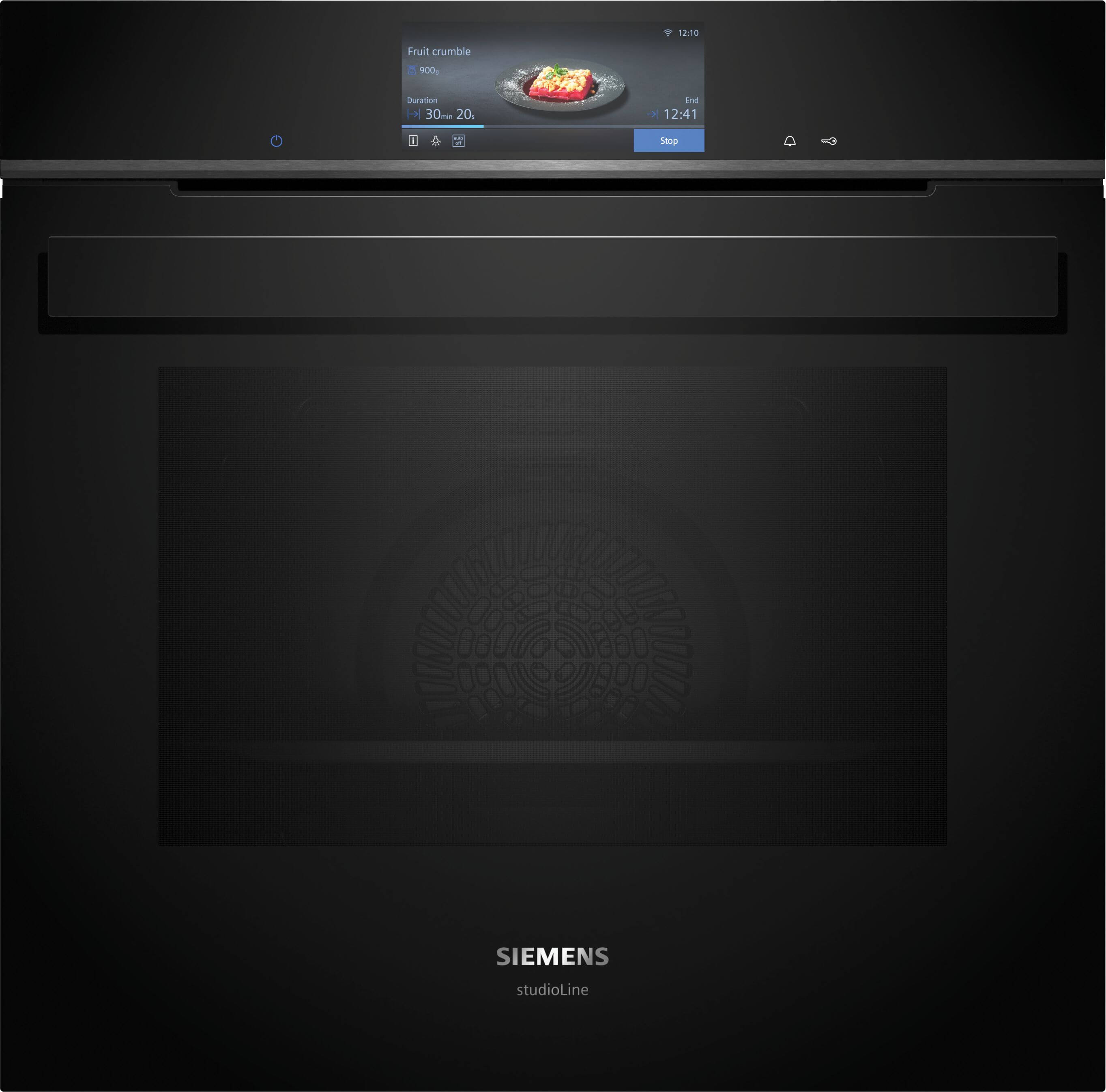 Frontalansicht des geschlossenen Siemens studioLine Backofens mit digitalem Display und Markenlogo.