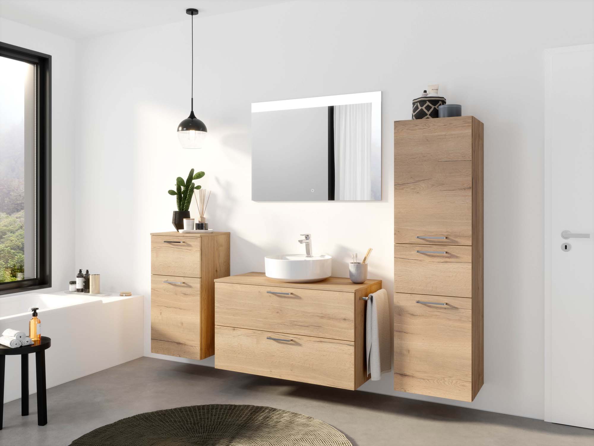 Badezimmermöbel-Set 3 Schränke braun mit Waschtisch und Spiegel nobilia 