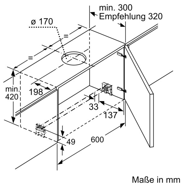 Technische Zeichnung eines Unterbauschrankes; Maße in Millimetern angegeben, inklusive Durchmesser von 170 mm, Mindesthöhe von 420 mm und anderen strukturellen Details.