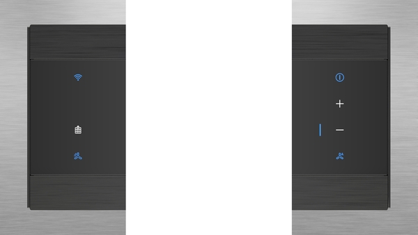 Nahaufnahme einer modernen Touch-Steuerung mit verschiedenen Symbolen für eine Dunstabzugshaube auf schwarzem Panel