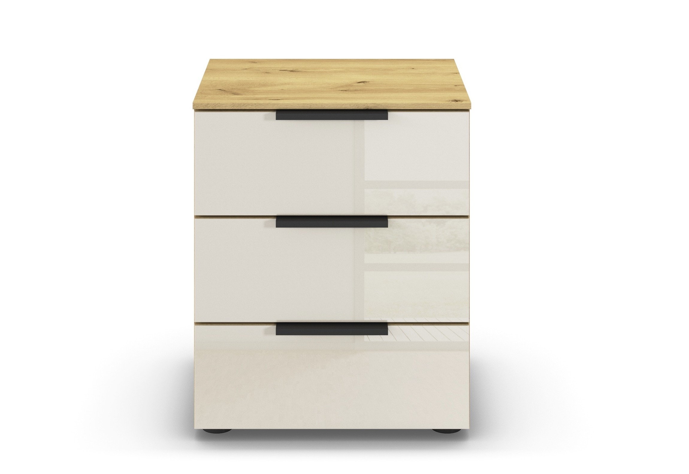 weiß, brauner Nachttisch mit drei Schubladen vor weißem Hintergrund