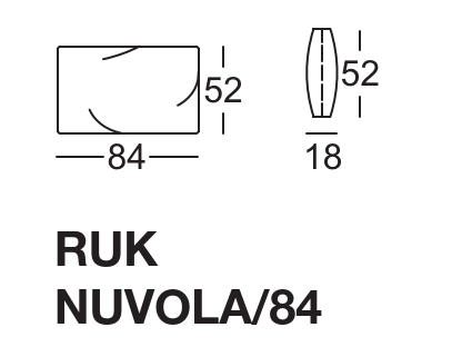 Diagramm der RUK NUVOLA/84 mit den Maßen 84x52x18 cm. Rechteckige Form mit abgerundeten Ecken, Detailansicht der Abmessungen.