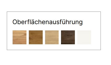 Oberflächenausführungen von fünf Farben in tabellenform vor weißem hintergrund