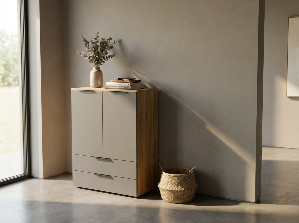 grau braune kommode unten mit zwei schubladen und darüber zwei drehtüren mit schwarzen griffen stilvoll dekoriert in einem modernen raum