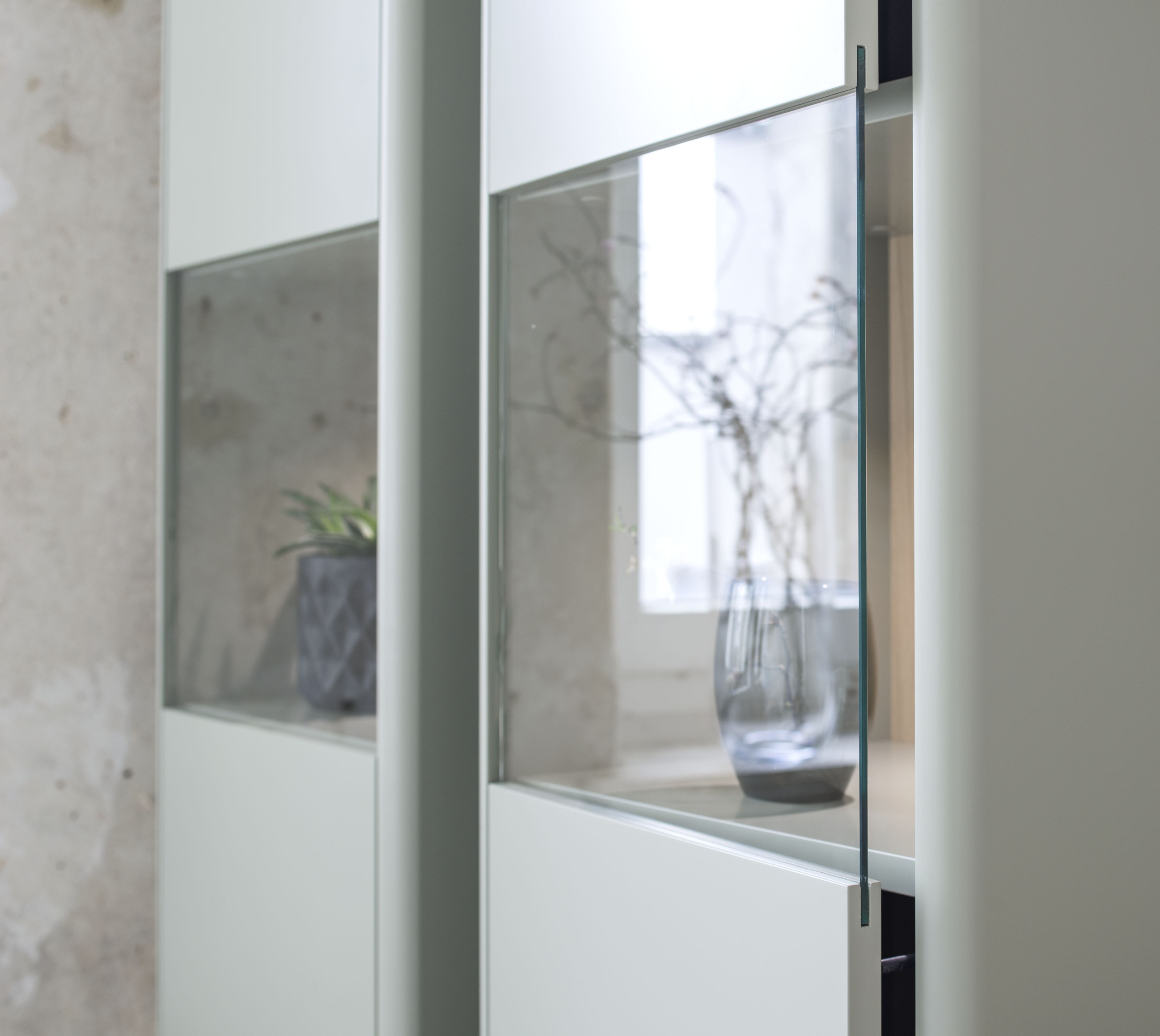 Detailansicht einer modernen Vitrine mit Glaseinsatz, in der Pflanzen dekoriert sind.