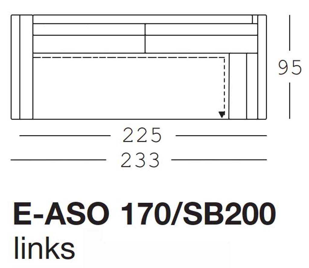 freistil Rolf Benz 170 - Eck- Anreihsofa links | Sitzbreite: 200 cm | E-ASO 170/SB200li Maßzeichnung eines Sofaelements vor weißem Hintergrund freistil Rolf Benz 170