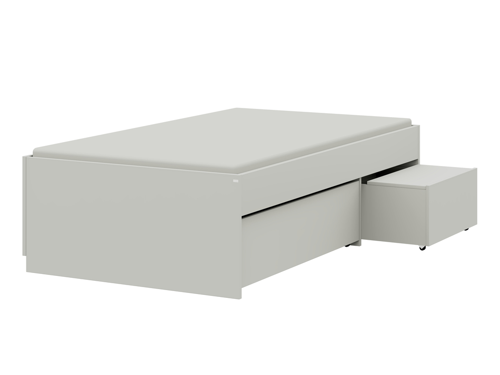 Modernes Einzelbett mit integriertem Bettkasten und rollbarem Nachtschrank
