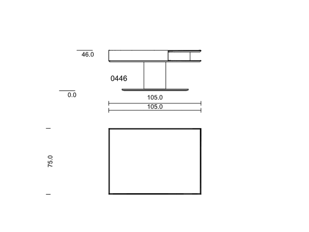 Draufsicht und Seitenansicht einer technischen Zeichnung eines Tisches mit den Maßen 105 cm Breite, 75 cm Tiefe und 46 cm Höhe.